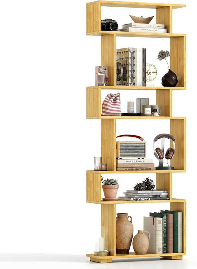 Tangkula 6-Tier S-Shaped Bookshelf, 64" Freestanding Geometric Bookcase, Home Office Wood Storage Shelf with Anti-Toppling Device, Room Divider Display Rack for Study, Living Room (1, Burlywood)