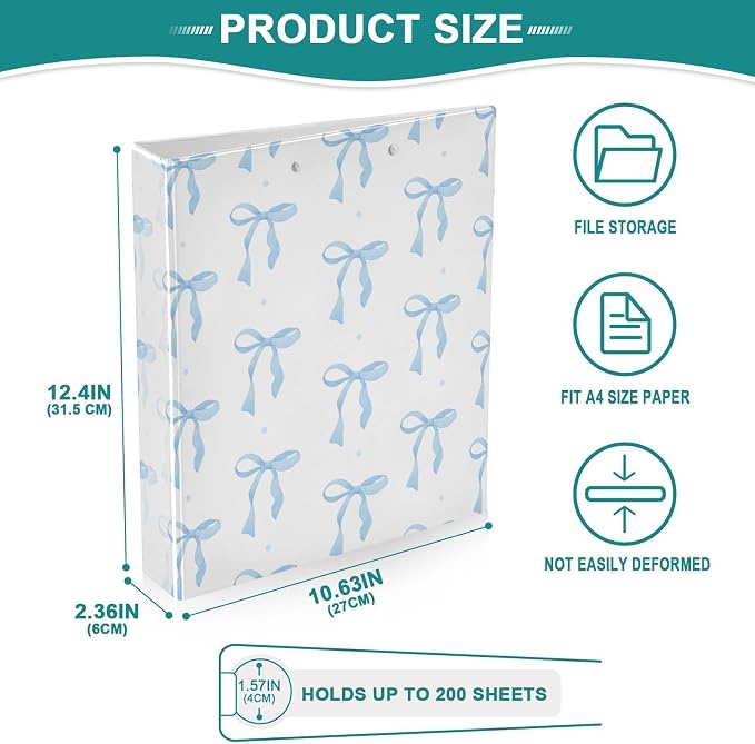 ALAZA 3 Ring Binder Blue Bow Clipboard Round Ring Binder Holds 1.5 Inch Three Binders Heavy Duty Binders for Office Supplies, 1Pack