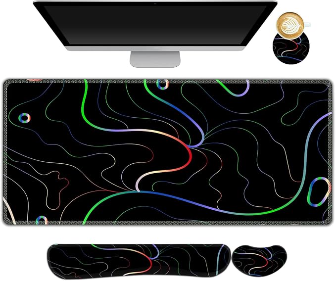 Gaming Mouse Pad Wrist Support Set, XXL Large Desk Mat Mousepad + Keyboard Wrist Support+ Mouse Wrist Rest+Coaster 4in1 Ergonomic, Memory Foam, Stitched Edge for Home Office -Colorful Lines