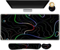Gaming Mouse Pad Wrist Support Set, XXL Large Desk Mat Mousepad + Keyboard Wrist Support+ Mouse Wrist Rest+Coaster 4in1 Ergonomic, Memory Foam, Stitched Edge for Home Office -Colorful Lines