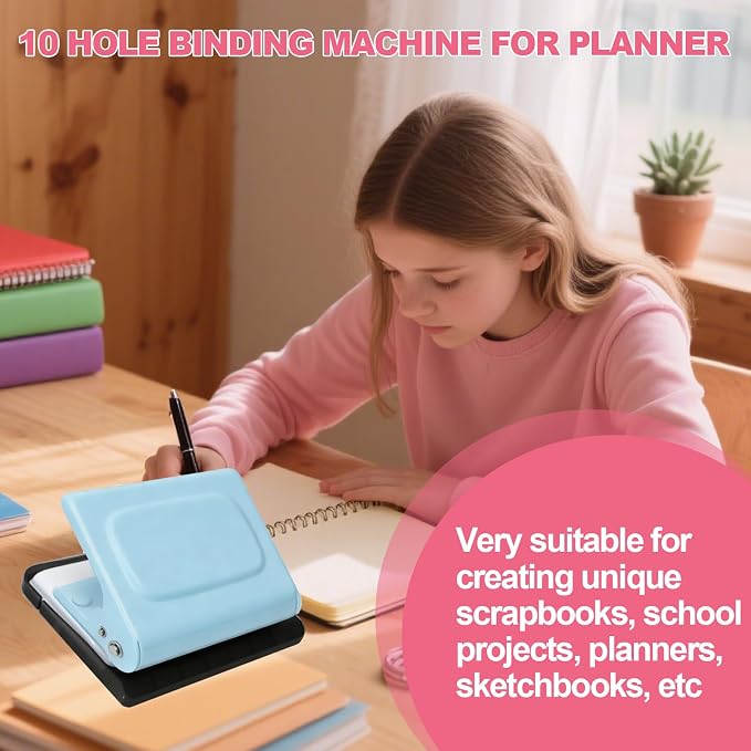 10 Hole Punch Binding Machine for Planner, Manual Binding System with 10 Multi-Color Binder Rings for Making 26 Holes on B5, 30 Holes on A4, 20 Holes on A5 Book, 10 Sheet Capacity (Blue)