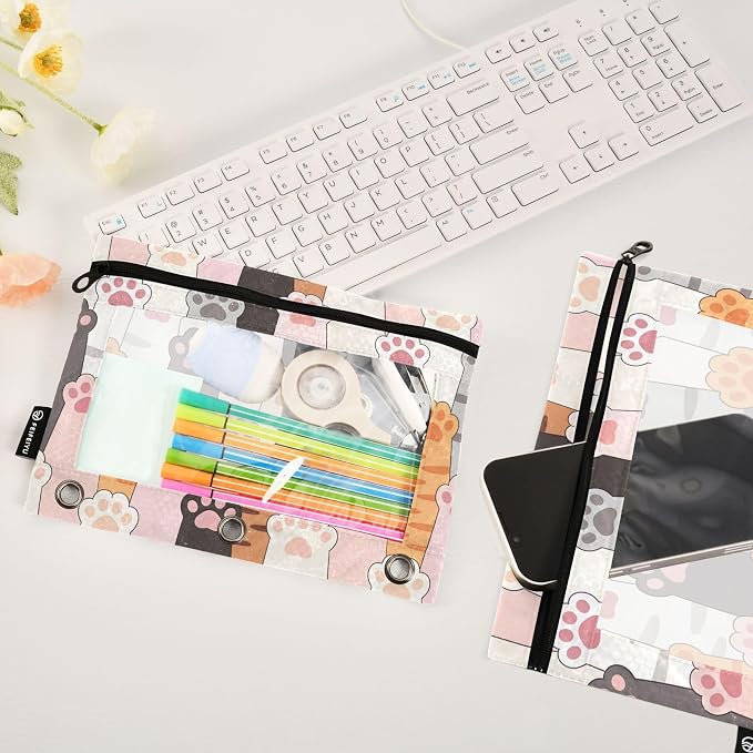 Cat Paw Prints Pencil Pouch for 3 Ring Binder, 2 Pack Waterproof Pencil Bags Clear Window Pencil Case Zipper School Office Supplies