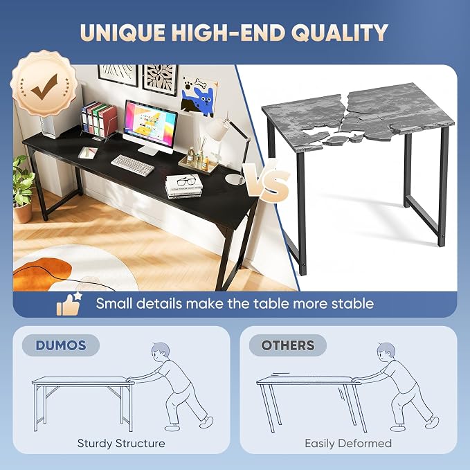 DUMOS 63 Inch Small Computer Desk, Gaming Desks for Home Office Bedroom | Modern Study Writing Work Table, Craft PC Desk Simple Workstation with Reinforcement Structure, Black