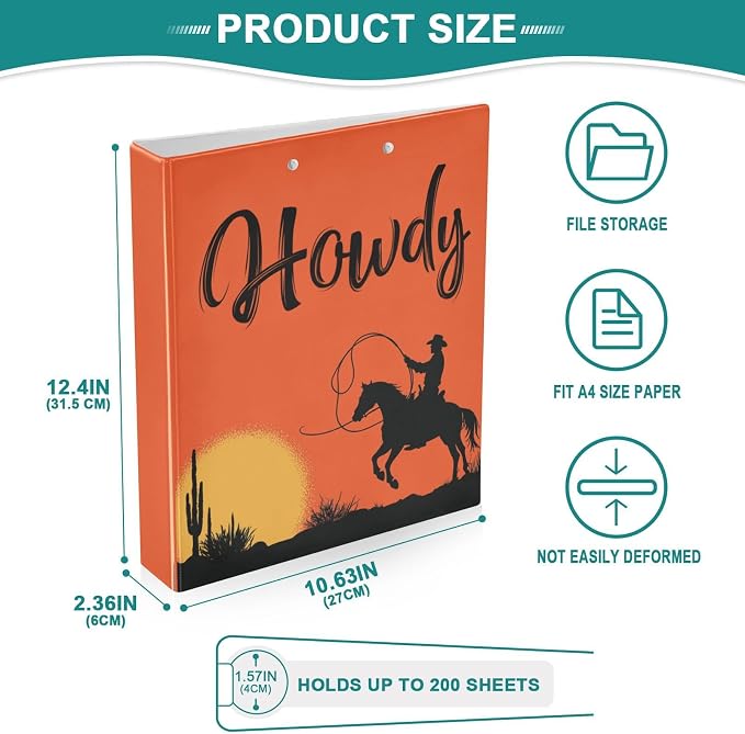 Western Cowboy Binder 1.5 Inch Binder with Clipboard&Pockets, Orange Howdy Cowboy Hardcover Binders 3 Ring, Heavy Duty Large File Folder for Office School Supplies - Holds 200 Sheets, 2 Pack