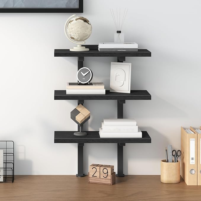MAHANCRIS Clamp On Desk Organizer, 3-Tier Desktop Bookshelf, Adjustable Desk Storage Shelf, Metal Frame, for Office, Study and Game Room, Black DSBK3601