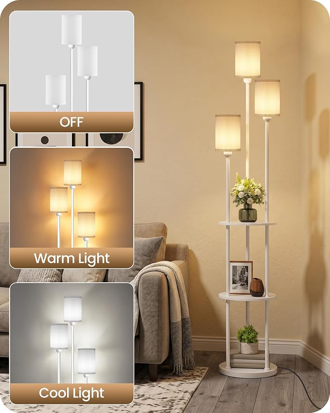Floor Lamp with Shelves, Modern Floor Lamp with 3 Linen Shades and Foot Switch, 3-Light Standing Lamp, for Living Room, Bedroom, Study, Office, White W53LD05