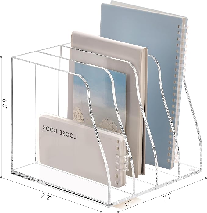SANRUI Acrylic Magazine File Holder Desk Organizer, Clear 4 Compartments | Workspace Document Sorter, Vertical Folder Rack Binder for Office Home Classroom Tablet, Books & Accessories Storage