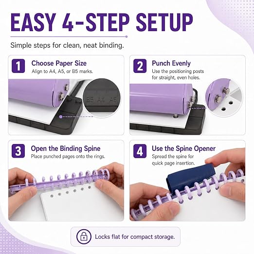 10 Hole Punch Binding Machine Kit for Planner (Purple) with 10 Multi-Color Spiral Coils, Adjustable A4 A5 B5 Paper Puncher, DIY Notebook Scrapbook Maker for Home Office School Organization