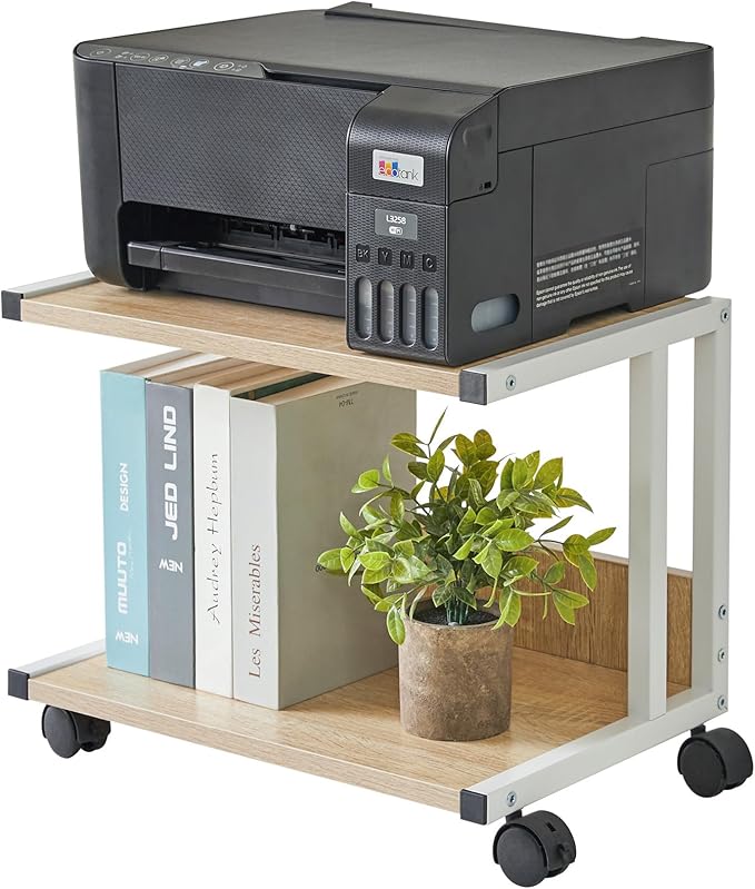 IBUYKE Under Desk Printer Stand, 2-Tier, Mobile Home Desktop Organizer Shelf with 4 Wheels, for Printer, Fax, Home Office Use, Light Wood UTLJ007R