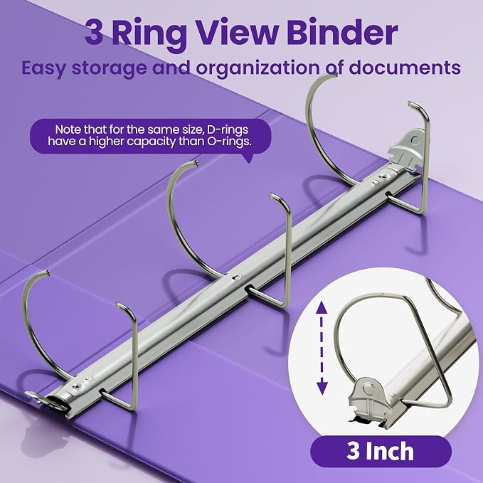 SUNEE 3 Ring Binder 3 Inch D Ring, Clear View Large Binder Three Ring PVC-Free (Fit 8.5x11 Inches) for School or Office Supplies, Dark Purple, 1 Pack