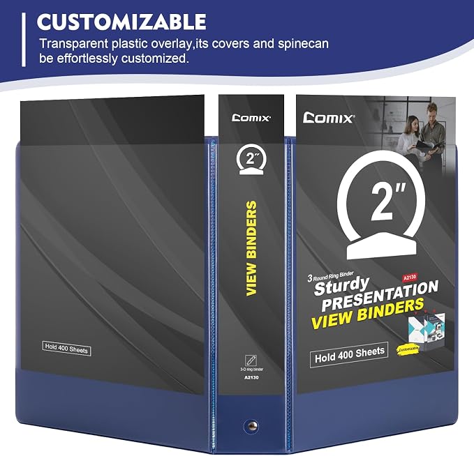 COMIX Sturdy 2 Inch 3 Ring Binder with Clear View Cover | 2"Heavy Duty Round Ring,PVC-Free Board,Holds 450 Letter Sheets,Wholesale for Offices & Classrooms,6 Pack (Dark Blue)