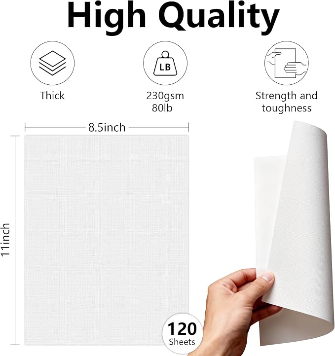 Linen Textured Cardstock 80lb 120 Sheets 8.5x11 Inch Craft Paper for Invitations Printing Scrapbooking DIY Crafts | White