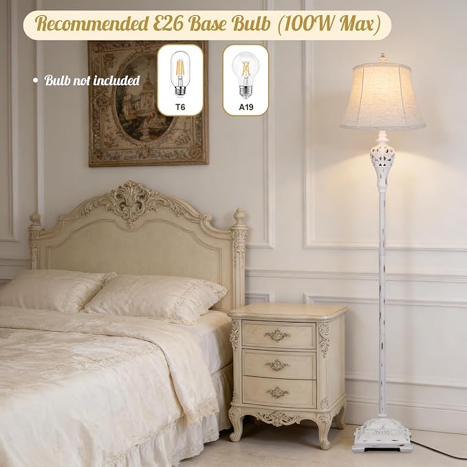 Vintage Floor Lamp for Living Room, Traditional Tall Standing Lamp | Eye-caring White Fabric Shade, Stable Antique Base, Farmhouse Rustic Design, Bright Floor Lighting