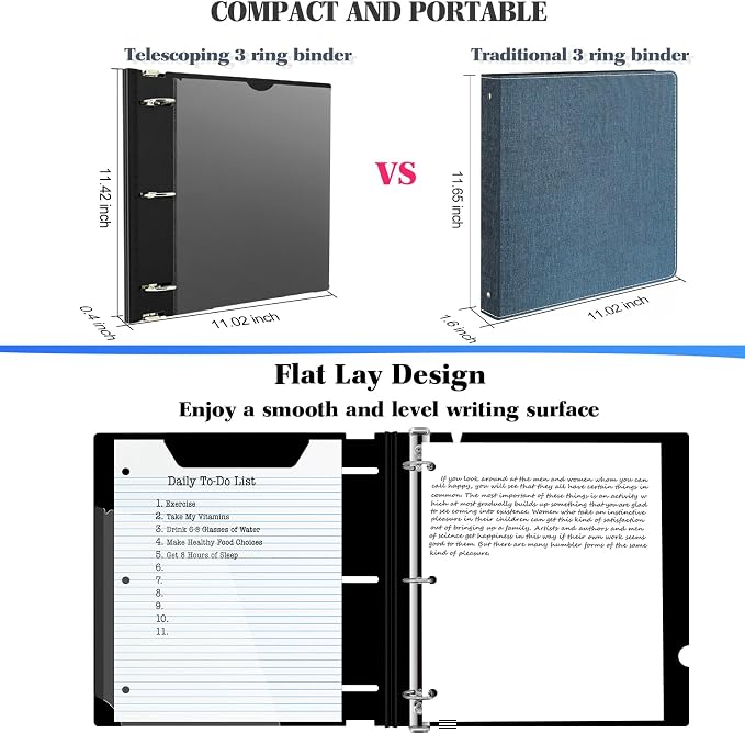 INFUN 1 Inch Telescoping 3 Ring Binder - 6PCS, Flexible Round Binder with Customizable Front Cover and Clear Catalog Pocket, 1Inch Rings, Black–Perfect for School, Office & Home