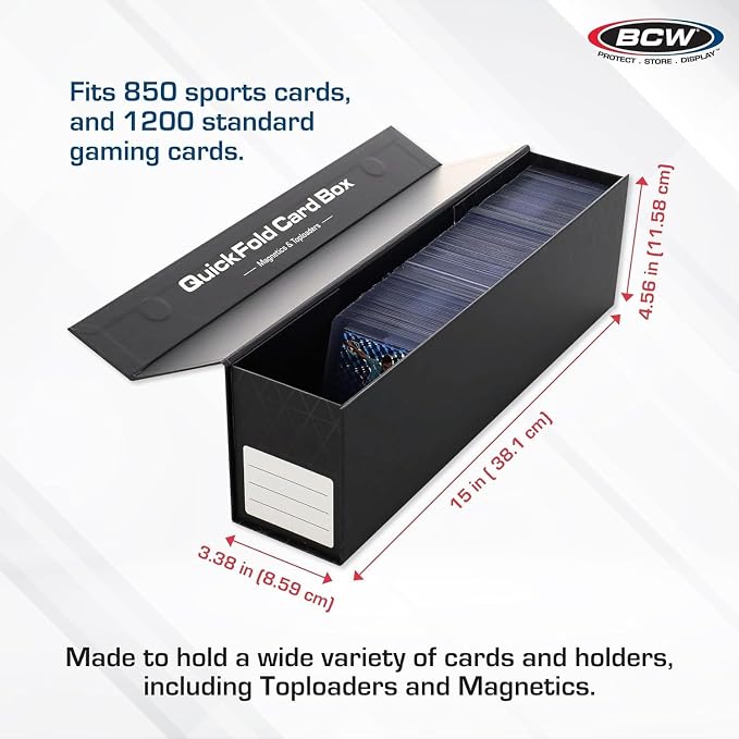 BCW QuickFold Card Boxes for Toploaders and Magnetics, Magnetic Lid, 6 Pack | Each box holds 225 toploaders or 50 magnetic holders, with quick assembly, a secure magnetic lid, and end labeling.
