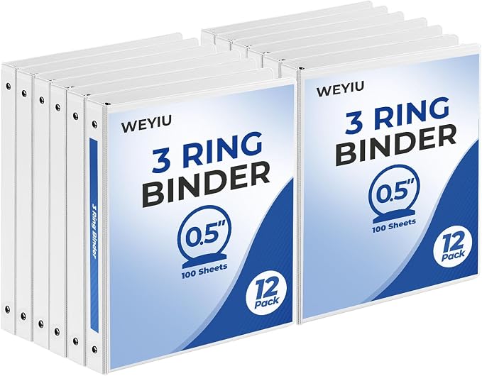 0.5 Inch 3 Ring Binders, 12 Pack White Slim Binders with Clear View Covers and 2 Interior Pockets, Half Inch Round Ring Binder Holds 100 Sheets of 8.5 x 11 Inch Paper