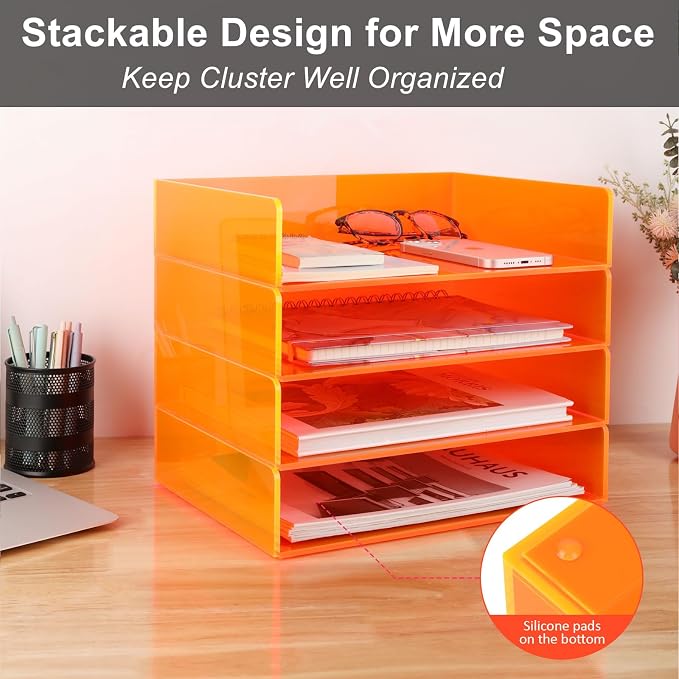 Gelite Acrylic File Organizer for Desk 4 Tiered Stackable Letter Tray Office Paper Storage Desktop Document Sorter, Neon Orange