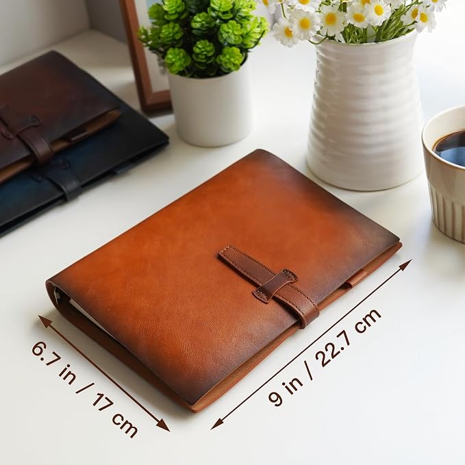 Refillable A5 Leather Binder Notebook, Reusable Leather Journal, Vintage Organizer with 6-Ring Binder, 120 Pages Lined Paper & Pocket, for Writers Business Work Study College and Daily, Light Brown