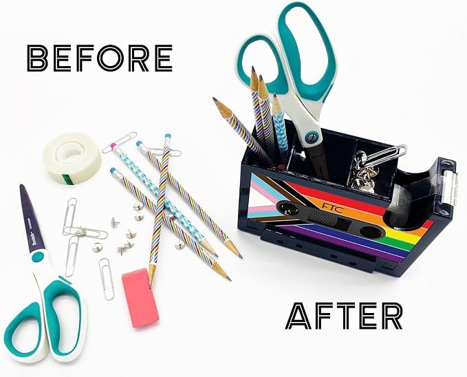 FTC Cassette Tape Dispenser, Retro Desk Organizer & Pen Holder – Fun Novelty Office Supplies for Home or Office 6.7” x 2” x 4.5” (Progress Pride Flag)