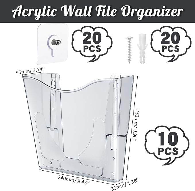 RattanView 10 Pack Acrylic Wall Pocket File Holders Single Pocket Wall Mount File Organizer Hanging Mail Magazines Organizers for Office Home Classroom(Transparent Black)