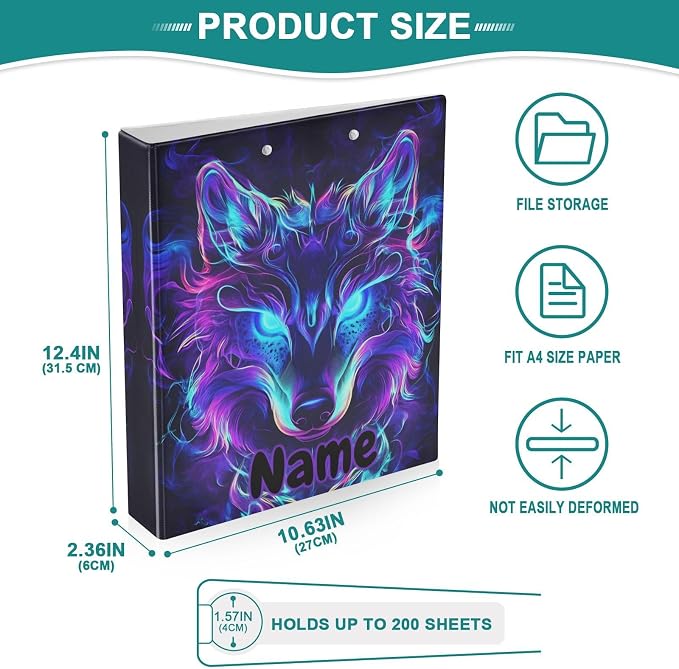 Custom 3 Ring Binder Mystical Wolf Face 1.5" Round Ring Binders Personalized Name View Binder with 200 Sheet for Kids School Supplies Women Men Office, 1 Pack