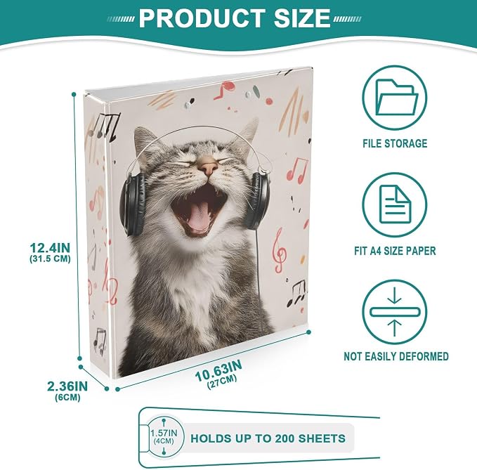 ALAZA 3 Ring Binder Music Notes Cat Clipboard Round Ring Binder Holds 1.5 Inch Three Binders Heavy Duty Binders for Office Supplies, 1Pack