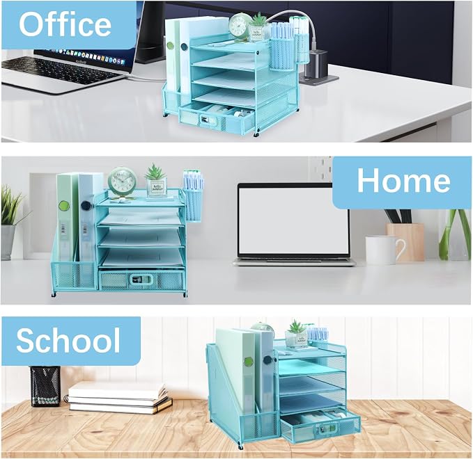 Desk Organiser with 2 Pack Magazine File Holder, 5-Tier Paper Tray Organiser with Drawer and 2 Pen Holder, Letter Tray Multifunctional for Office, School, Home - Blue