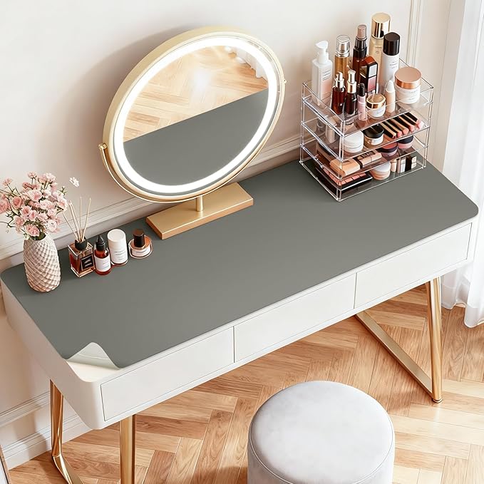 LovePads Makeup Mat for Vanity, 16" x 36" PVC Desk Mat & Dresser Cover Top | Waterproof Desk Protector, Vanity and Desk Accessories; Wipes Clean, Ideal for Writing, Nail Art, Craft Table, Dark Grey+Grey