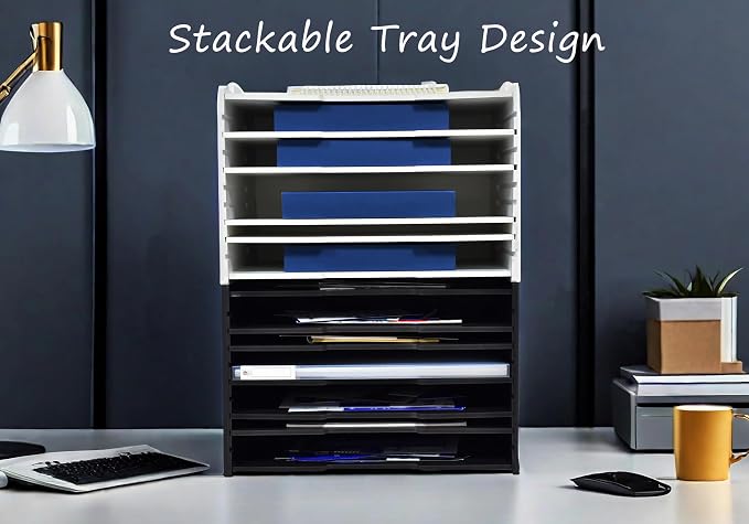 4 Tier Adjustable Shelves Office Desk Organizer,Wooden Desk File Organizer, Letter Tray, Document Letter Mail Tray Sorter, White/Black (Black-4tray(with 3 Adjustable Shelves))