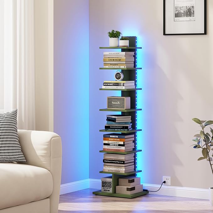 TUTOTAK Book Shelf, Narrow Spine Bookshelf, 8-Tier Bookcase with LED Lights | 10.4 x 13.4 x 47.5 Inches Vertical Freestanding Corner Shelf for Living Room, Office, Small Space, Olive Green BS06BOG008L