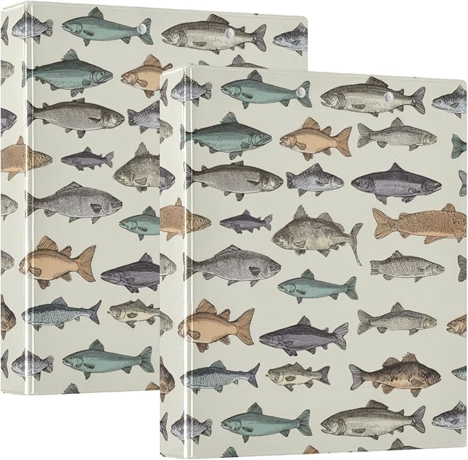 Aslsiy 3 Ring Binder 1.5 Inch Fish Vintage Color Round Clipboard Binder White Decorative Harcover Binders Organizer for Office Supplies