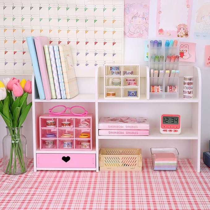 Cute Bookshelves Cute Bookshelf for Desk Kawaii Desk Organizer with Drawer Office Desk Organizers and Accessories Storage Home Decor Display (Pink)