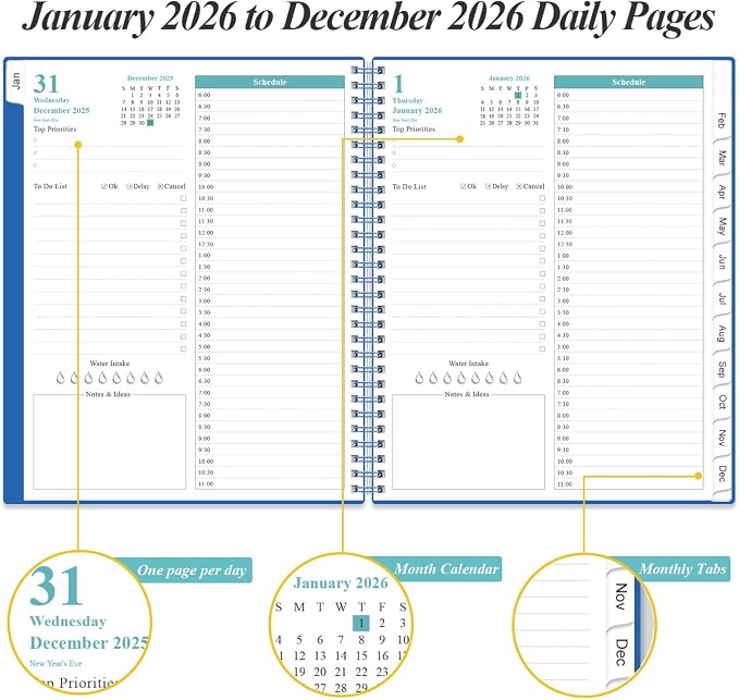 Daily Planner 2026 Full Page Per Day- 2026 Daily & Monthly Planner from January 2026 to December 2026, Day Planner 2026 with 12 Months Tabs, 8.5" x 11", Blue