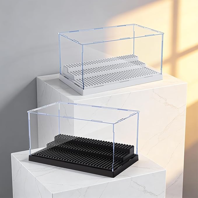 2 Pack Display Case for Minifigure Action Figures Blocks, Acrylic Minifigure Display Case Box Storage with 3 Movable Steps Gift for Kids Adults (Grey)
