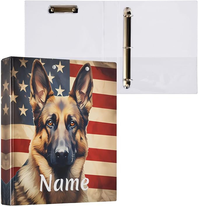 Custom 3 Ring Binder Dog German Shepherd American Flag 1.5" Round Ring Binders Personalized Name View Binder with 200 Sheet for Kids School Supplies Women Men Office, 1 Pack