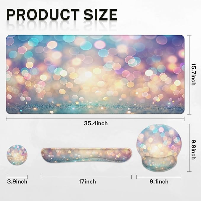 Keyboard Mouse Pad Set, 4 in 1 Desk Mat Set, Pink Blue Glitter | Large Mousepad+Keyboard Wrist Rest+Mouse Wrist Rest+Coaster Ergonomic Design for Home Office Computer