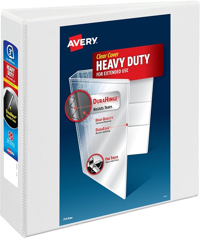 Avery® Heavy-Duty View 3 Ring Binder, 3" EZD® Rings, 1 White Binder | For Heavy School, Home and Office Use, DuraHinge Tear-Resistant Spine, DuraEdge Split-Resistant Sides, Interior Pockets