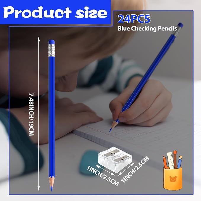 24PCS Erasable Colored Pencils with Eraser Pre Sharpened Pencil 2 HB - Ideal for Checking, Grading, Tests & Office/School Supplies (Blue)