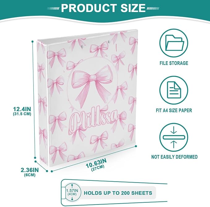 Pink Bows 3 Ring Binder with Clipboard Round Ring Binders White Color Personalized Binder 3 Interior Clear Pockets for Office Supplies 2 Pack