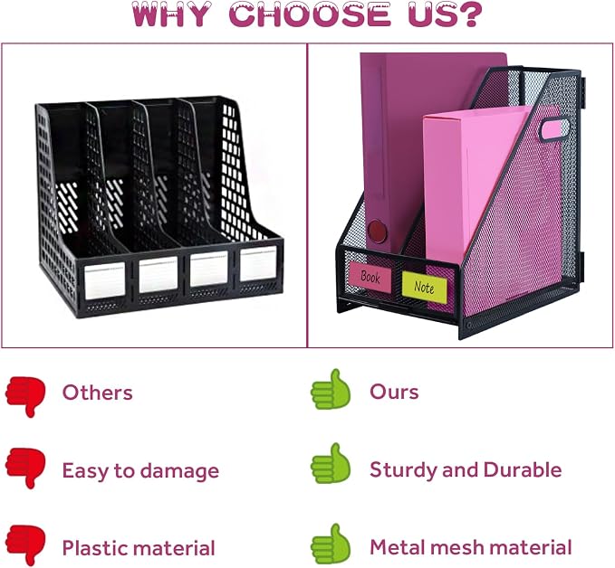 Desk Organizers, Metal Magazine File Holder with 2 Vertical Compartments Rack Binder File Organizer for Office Supplies, Home Workspace - Black