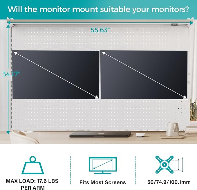 EUREKA ERGONOMIC Desk Pegboard Dual Monitor Stand 59x34 White | Large steel pegboard with dual monitor stands, LED lighting, privacy panel and modular accessories for gaming desks