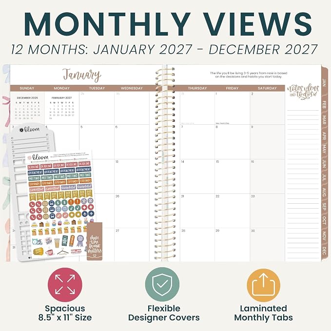 bloom daily planners 2027 Planner for Women (8.5" x 11") - Weekly & Monthly Calendar Year (January to December) Softcover Agenda Book Organizer with Stickers & Stencil - Bows