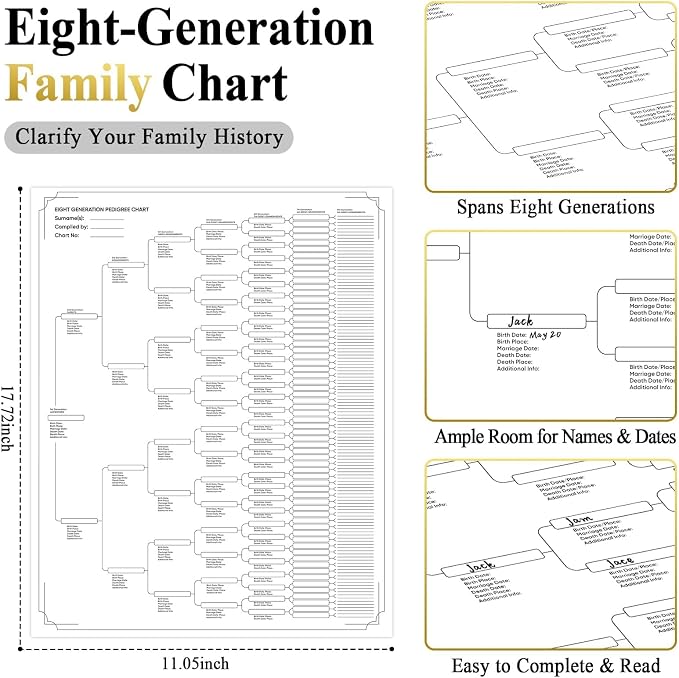 Family History Binder 3 Ring 50 Families Group Sheets 8th Generation Family Tree Chart 16 Sheets Genealogy Binder Black Cover Genealogy Organizer Supplies with Pen Loop PVC Pocket for Families History