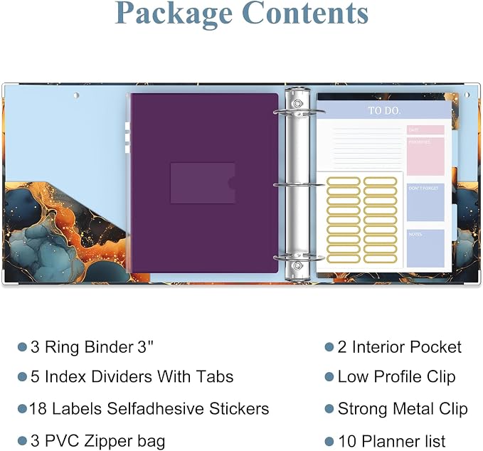 3 Ring Binder, 3 Inches Round Ring Binder with Clipboard, Dividers Tabs, PVC Zipper Bag Sleeves & to Do List Planners for Women, Men, School, Office Supplies, Abstraction