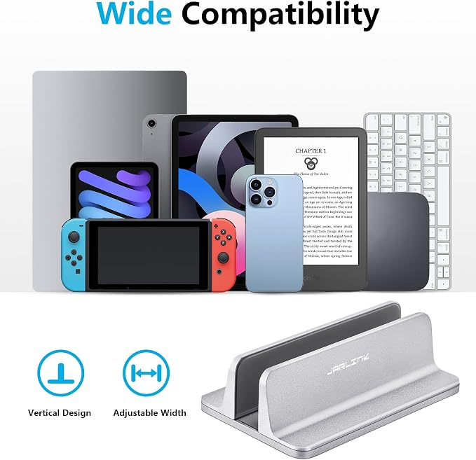 JARLINK Vertical Laptop Stand, Adjustable Aluminum Desktop Holder, Silver | Vertical Laptop Holder Fits up to 17.3" Notebooks, Space-saving Desktop Organizer for MacBook, Surface, Dell & Gaming Laptops