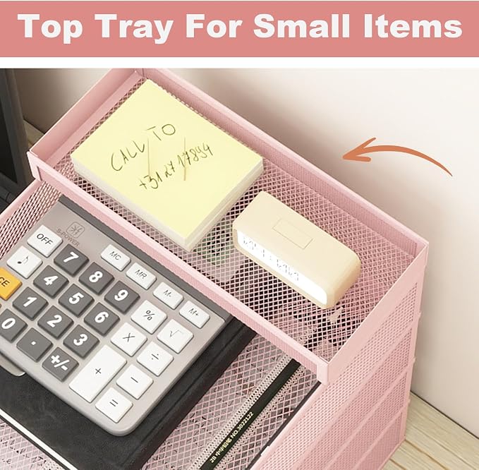 Natwind 4-Tier Stackable Metal Mesh Letter Paper Tray Organizer,Pink | Desk Organizer For Paper,Document,Mail Tray For Office Supplies,File Holder For Home Office School Classroom Organization