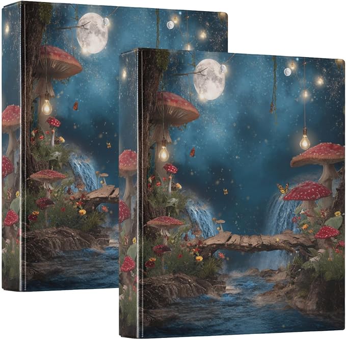 Whimsical Red Mushroom Forest Binder 3 Ring 1.5 Inch Binder with Clipboard&Pockets, Hardcover Binders Heavy Duty Large File Folder for Office School Supplies - Holds 200 Sheets, 2 PC