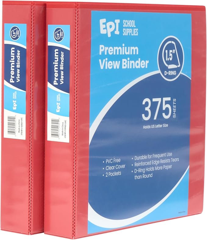 12 Pack Red 3-Ring Binders, 1.5", Slant D-Ring, Durable, EPI Premium, Heavy Duty, Holds 375 Sheets, Clear View Presentation, Non-Stick, 2 Inside Pockets, Organizer for School, Home Office
