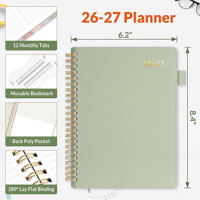 SUNEE 2026-2027 Weekly & Monthly Planner 6.4"x8.5" - 12 Month (July 2026 - June 2027), Vegan Leather Cover Planner Academic Year Calendar, Pocket, Notes, Monthly Tab, Green