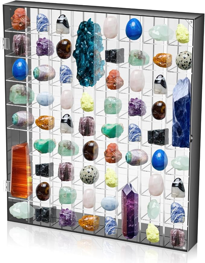 Cinnvoice Rock Display Case 72 Grids,Black Border,Square | Adjustable Acrylic Display Case, Crystal Organizer for Collectible, with Built-in Mirrored, Magnetic Door, Wall Mount